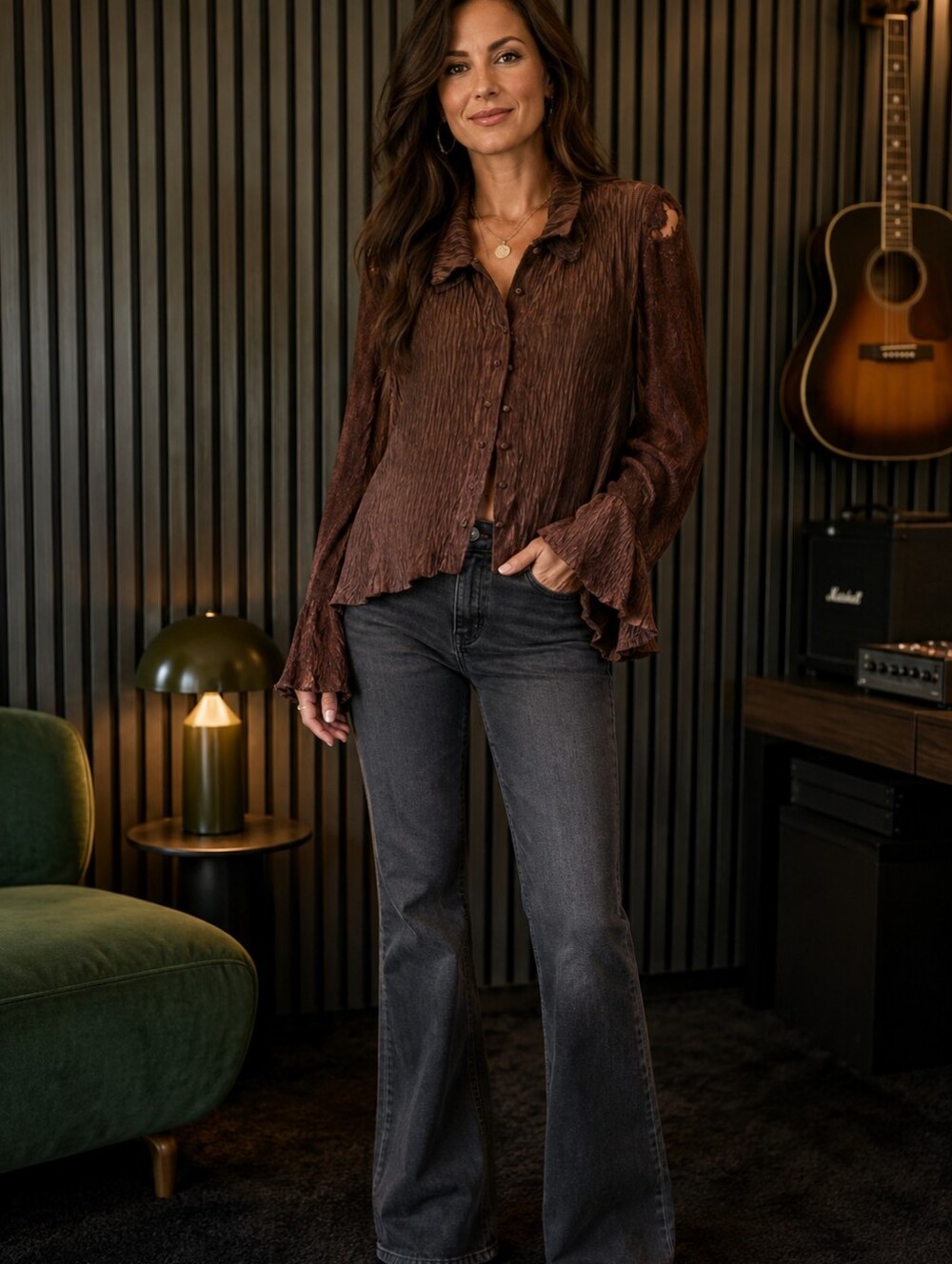 Free People Brown Textured Button-Down Blouse with Lace Sleeves